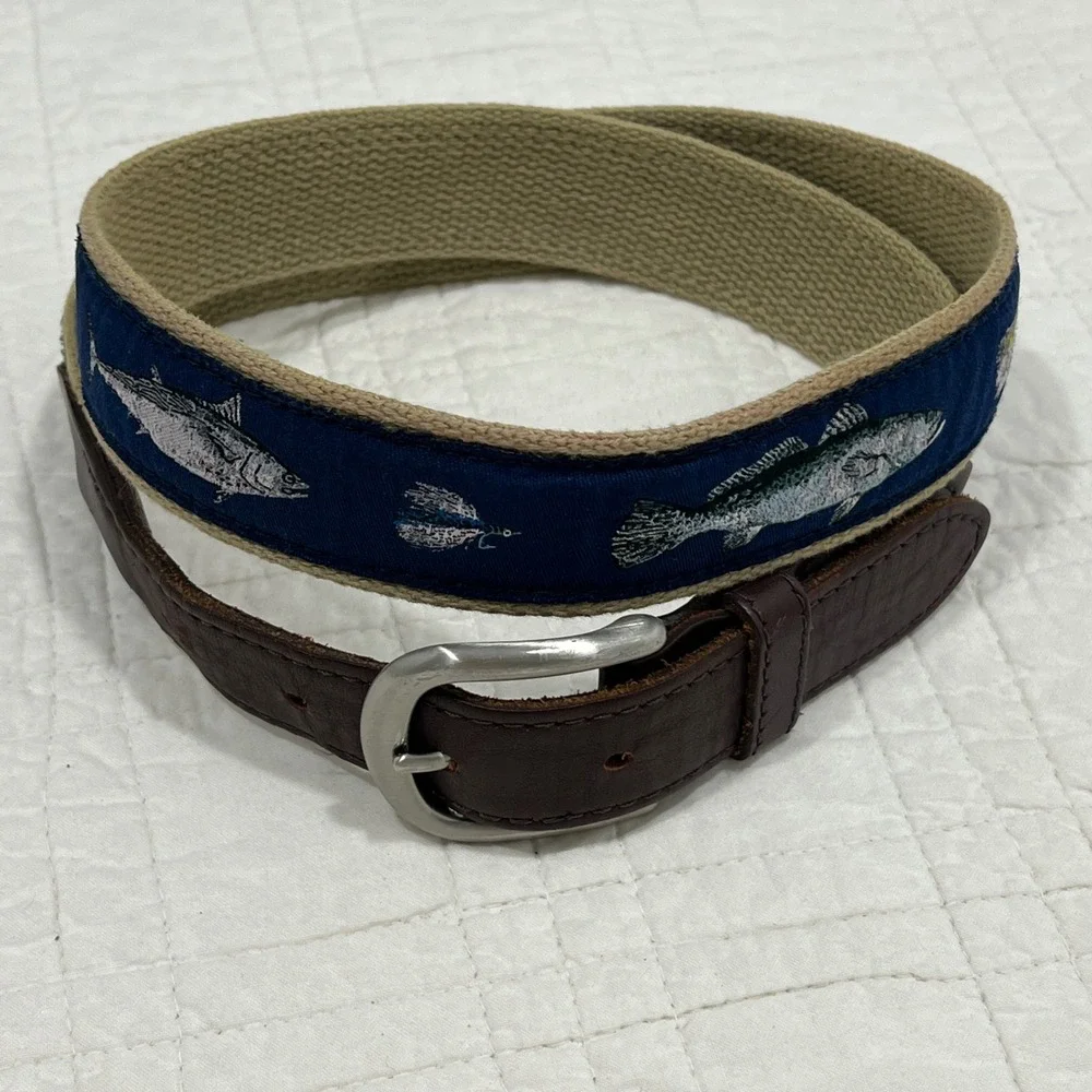 Belted Cow Co Mens Fish & Flies Fishing Embroidered Canvas Leather Belt 36